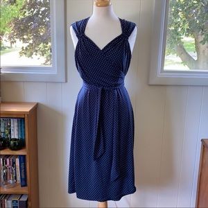 George Stretch Navy Blue Polka Dot Wrap Dress